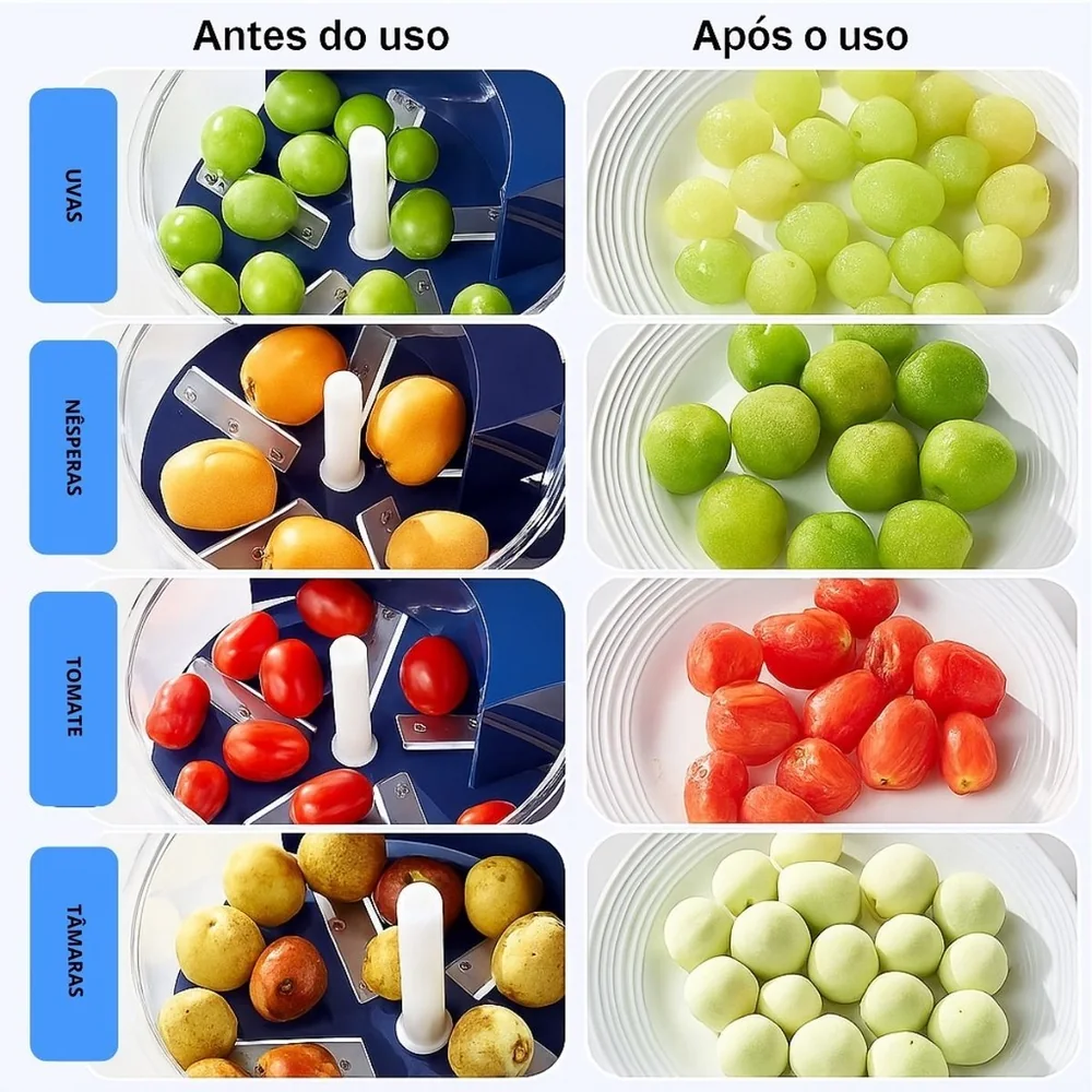 Antes e depois: uvas, tomates cereja e nêsperas descascados sem amassar