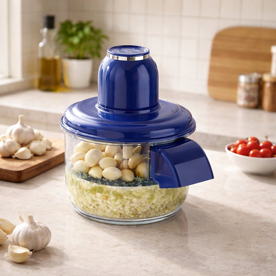 Descascador elétrico de alho e frutas automático, cor azul, sobre bancada de cozinha