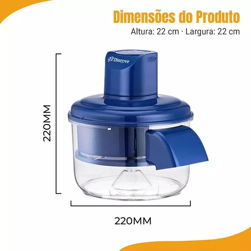 Dimensões do descascador elétrico: 22 cm de altura por 22 cm de largura